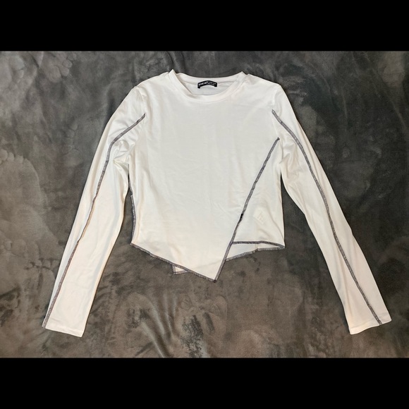 SHEIN long sleeve white asymmetrical top with black piping - Picture 1 of 6